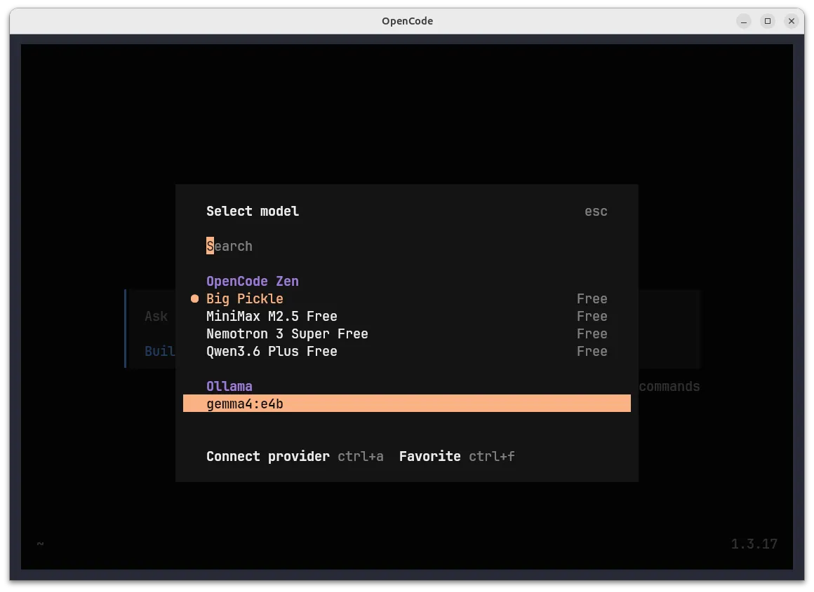 Model selection screen