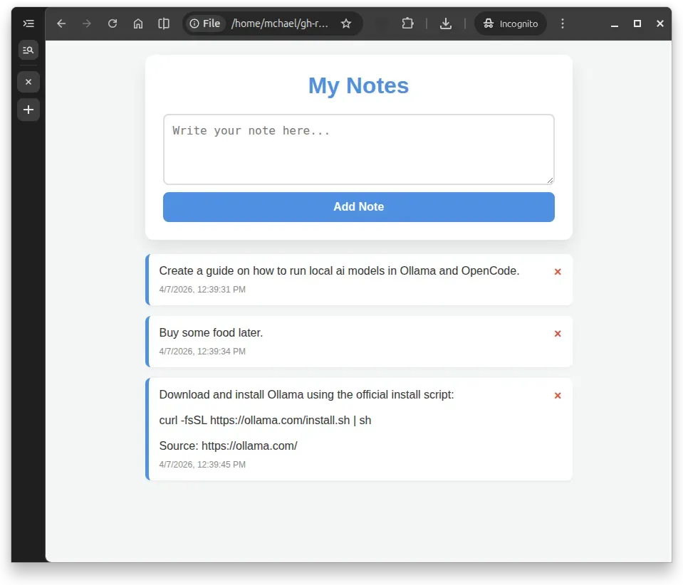 Note app working