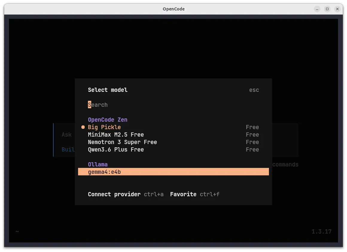 Model selection screen